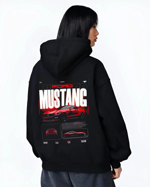 Black hoodie worn by a female model, back view, featuring Ford Mustang v8 american muscle street classic iconic power graphic.