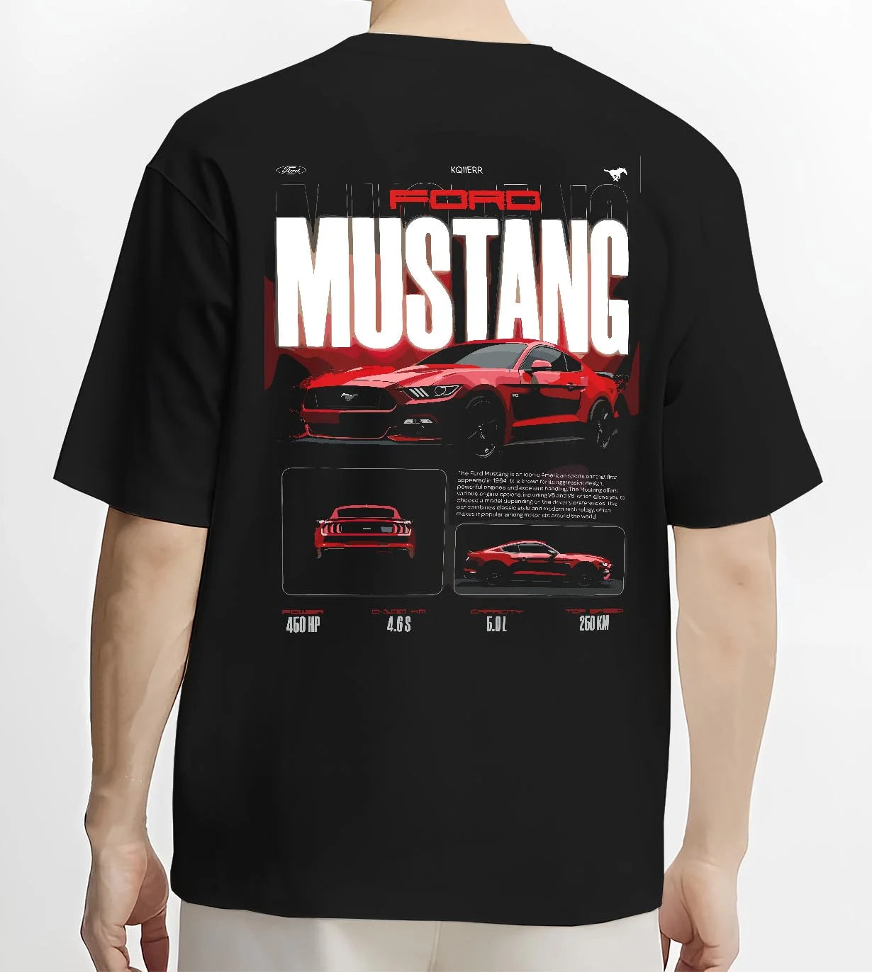 Black T-shirt worn by a male model, back view, featuring Ford Mustang v8 american muscle street classic iconic power graphic.