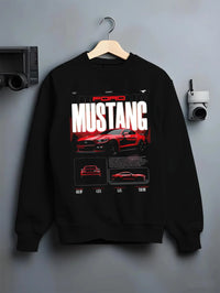 Black crewneck sweatshirt on a hanger against a grey wall, featuring Ford Mustang v8 american muscle street classic iconic graphic.