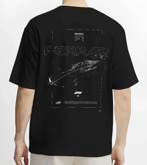 Black T-shirt worn by a male model, back view, featuring Ferrari rs racing f1 formula motorsport street performance graphic.