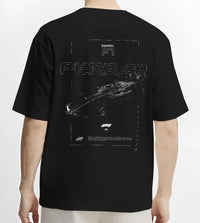 Black T-shirt worn by a male model, back view, featuring Ferrari rs racing f1 formula motorsport street performance graphic.
