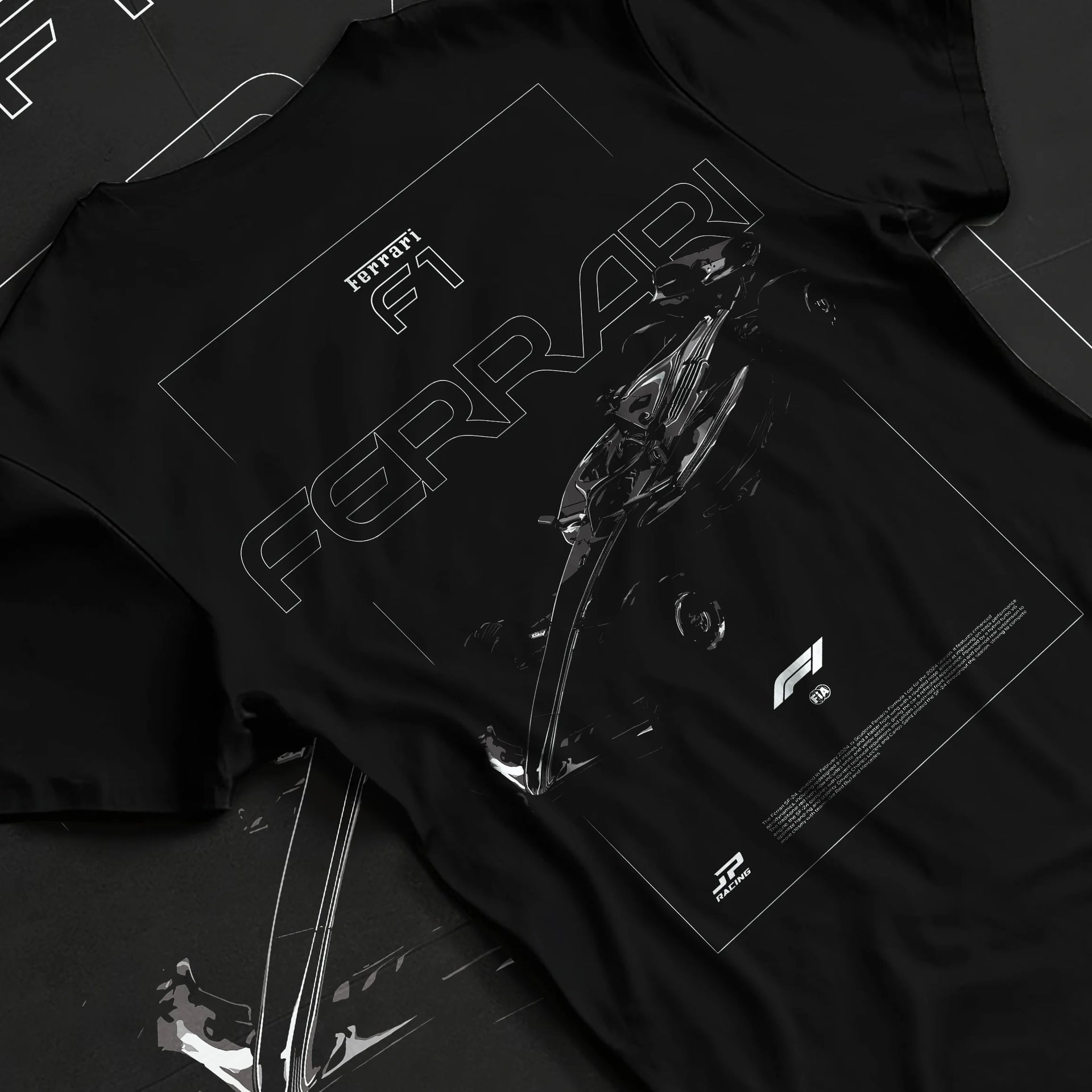 Black T-shirt laid flat with natural fabric folds, featuring Ferrari rs racing f1 formula motorsport street performance graphic.