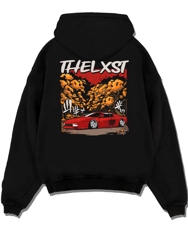 Black pullover hoodie laid flat on a white background, featuring Ferrari rs racing italian power street performance graphic.