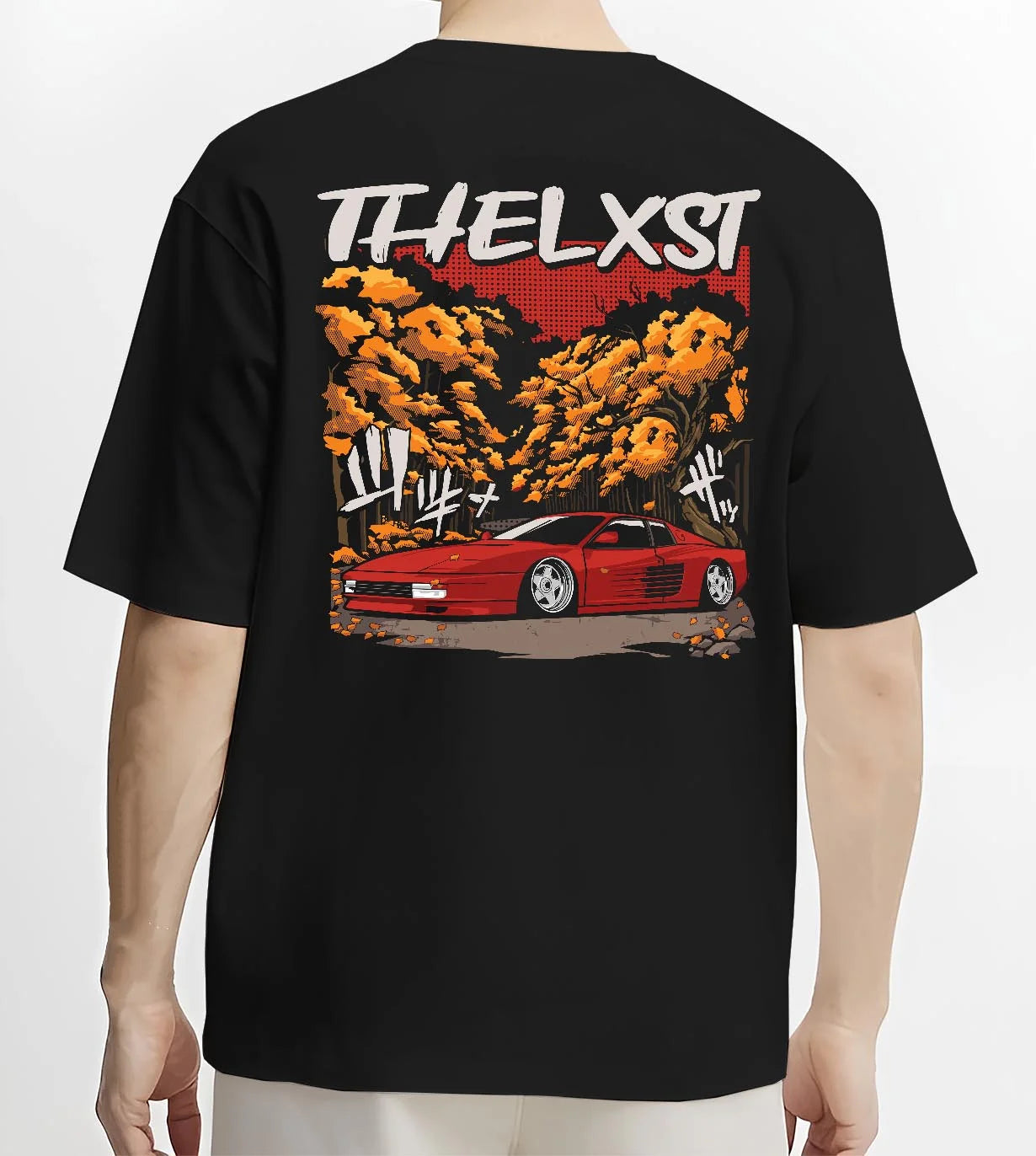 Black T-shirt worn by a male model, back view, featuring Ferrari rs racing italian power street performance motorsport graphic.