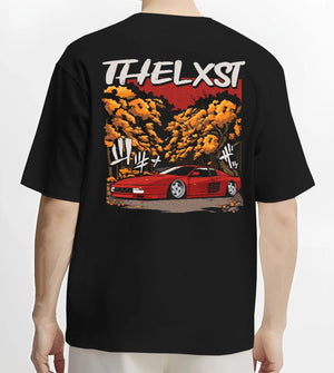 Black T-shirt worn by a male model, back view, featuring Ferrari rs racing italian power street performance motorsport graphic.