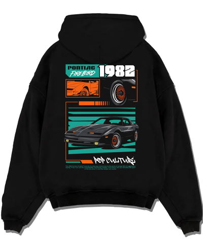 Black pullover hoodie laid flat on a white background, featuring Pontiac firebird trans am racing muscle street retro graphic.