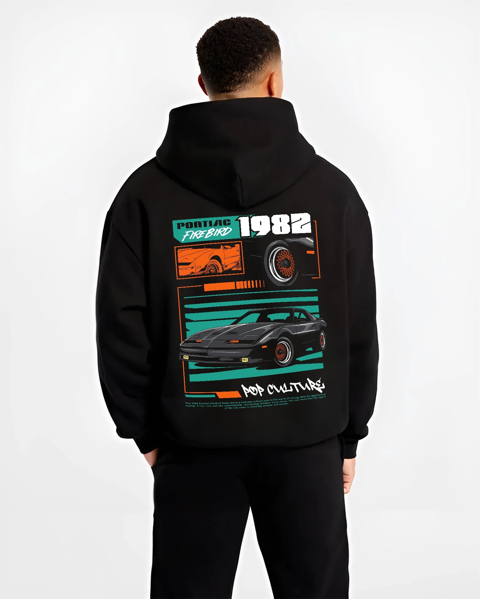 Black hoodie worn by a male model, back view, featuring Pontiac firebird trans am racing muscle street retro vintage graphic.