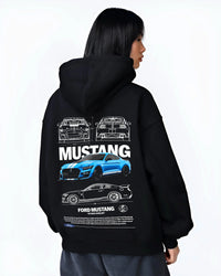 Black hoodie worn by a female model, back view, featuring Ford Mustang rs racing muscle street enthusiast performance graphic.