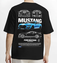 Black T-shirt worn by a male model, back view, featuring Ford Mustang rs racing muscle street enthusiast performance graphic.