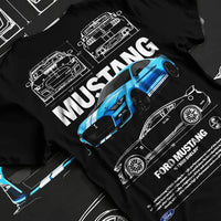 Black T-shirt laid flat with natural fabric folds, featuring Ford Mustang rs racing muscle street enthusiast performance graphic.