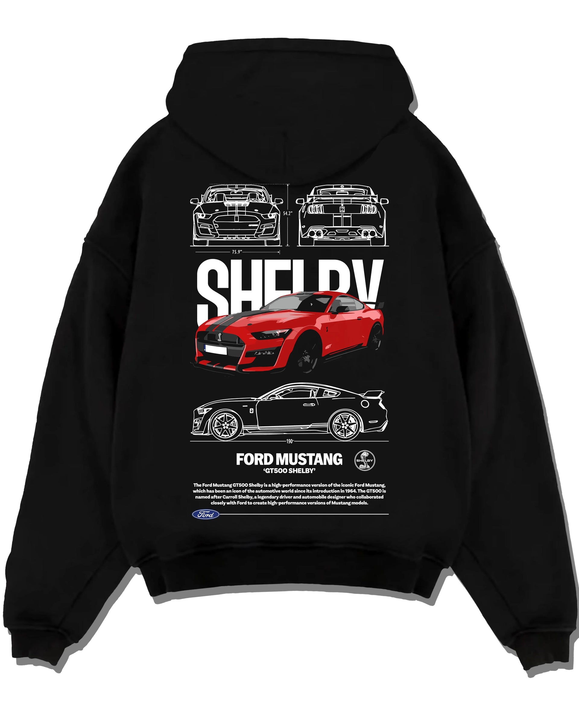 Black pullover hoodie laid flat on a white background, featuring Ford Mustang rs racing muscle street power show graphic.