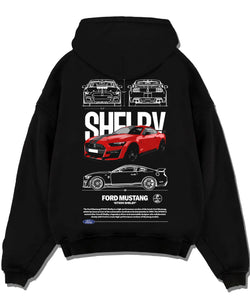 Black pullover hoodie laid flat on a white background, featuring Ford Mustang rs racing muscle street power show graphic.