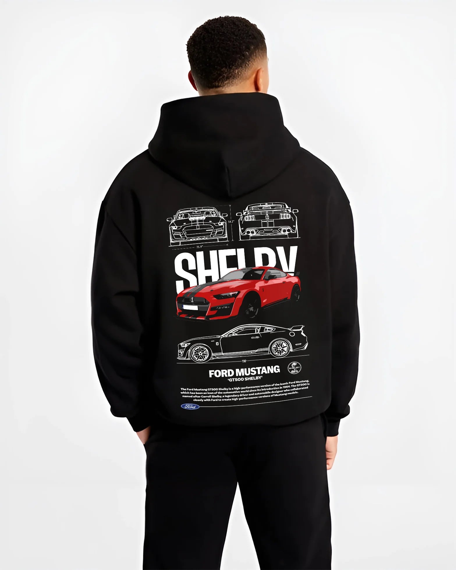 Black hoodie worn by a male model, back view, featuring Ford Mustang rs racing muscle street power show graphic.