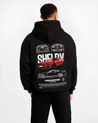 Black hoodie worn by a male model, back view, featuring Ford Mustang rs racing muscle street power show graphic.
