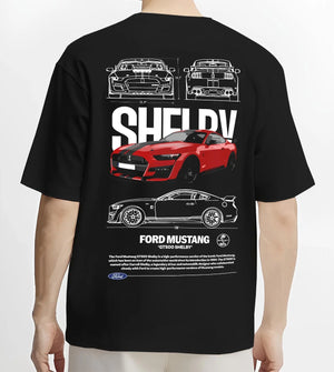 Black T-shirt worn by a male model, back view, featuring Ford Mustang rs racing muscle street power show graphic.
