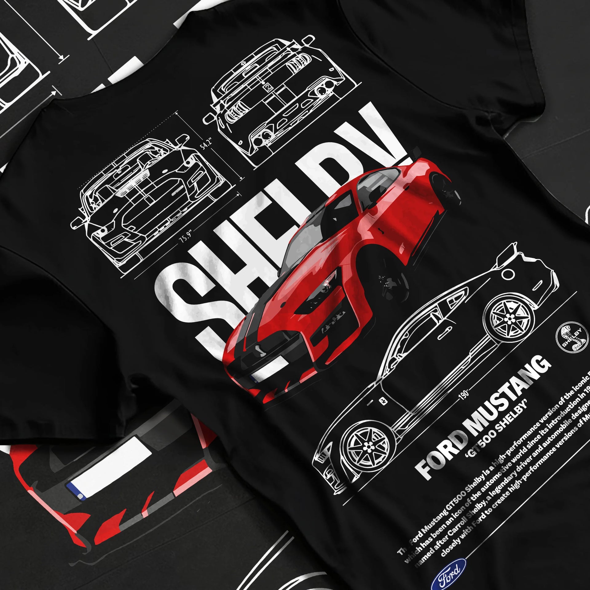 Black T-shirt laid flat with natural fabric folds, featuring Ford Mustang rs racing muscle street power show graphic.