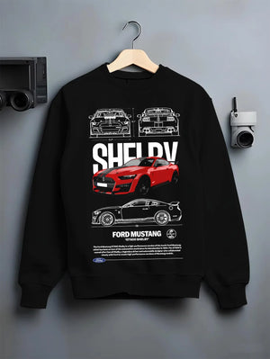 Black crewneck sweatshirt on a hanger against a grey wall, featuring Ford Mustang rs racing muscle street power show graphic.
