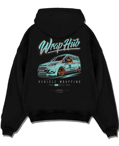 Black pullover hoodie laid flat on a white background, featuring Ford rs american classic racing street performance graphic.