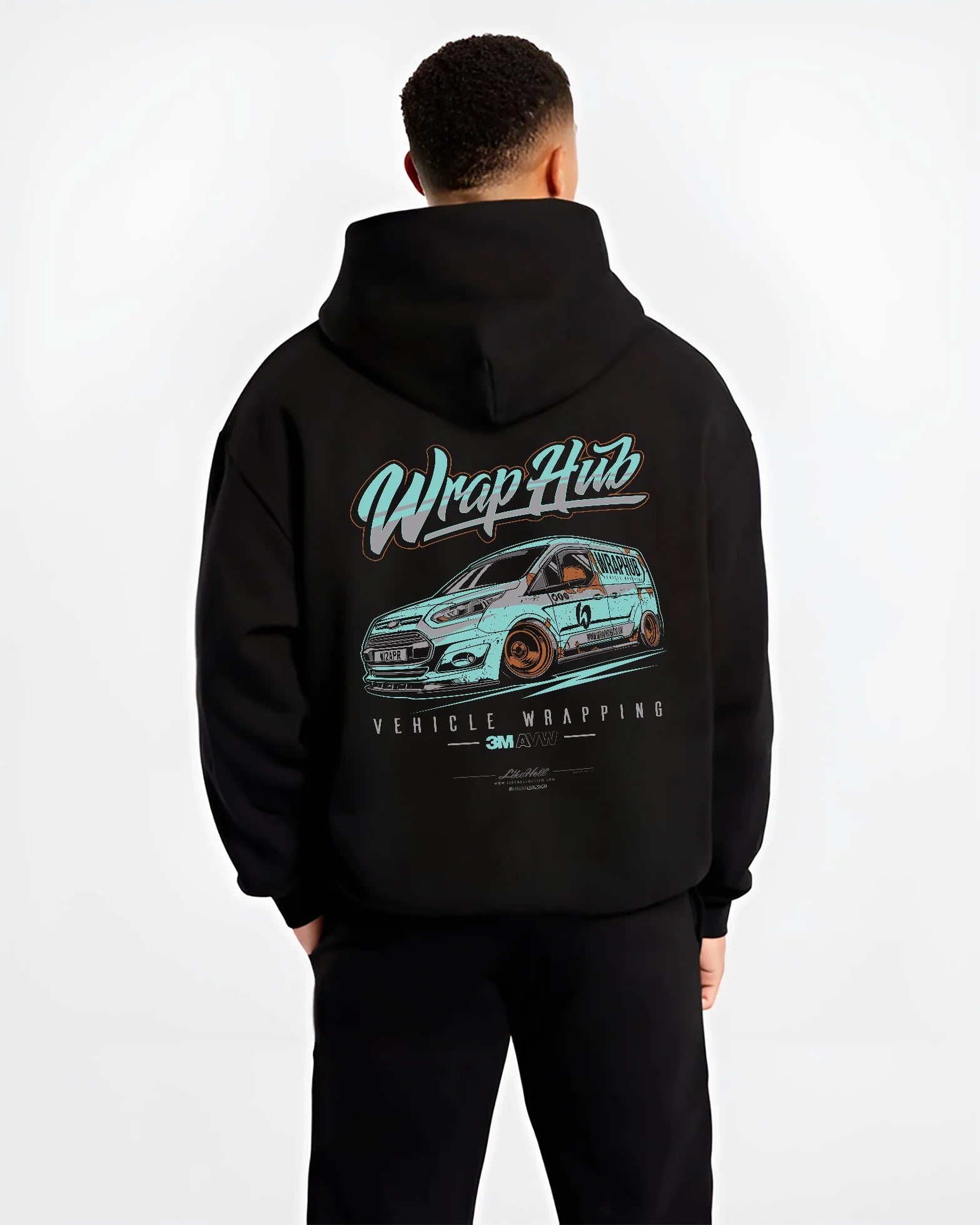 Black hoodie worn by a male model, back view, featuring Ford rs american classic racing street performance motorsport graphic.