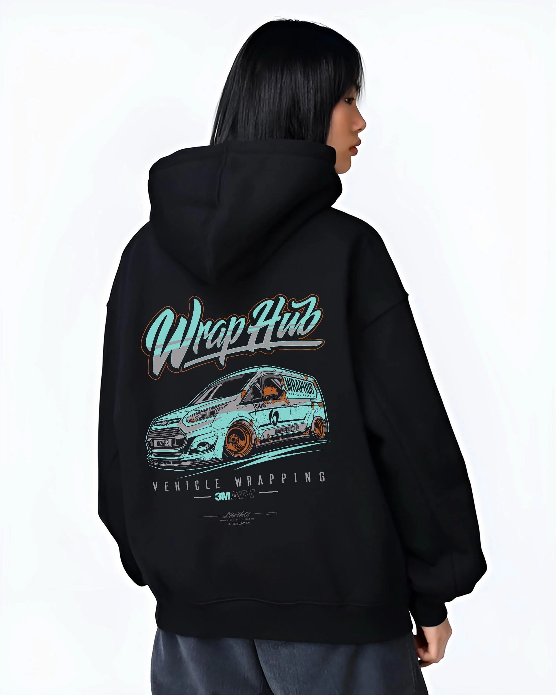 Black hoodie worn by a female model, back view, featuring Ford rs american classic racing street performance motorsport graphic.