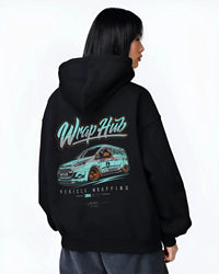 Black hoodie worn by a female model, back view, featuring Ford rs american classic racing street performance motorsport graphic.