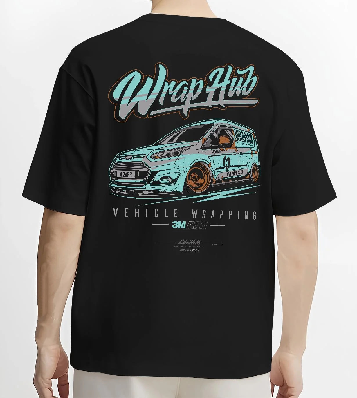 Black T-shirt worn by a male model, back view, featuring Ford rs american classic racing street performance motorsport graphic.