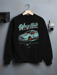 Black crewneck sweatshirt on a hanger against a grey wall, featuring Ford rs american classic racing street performance graphic.