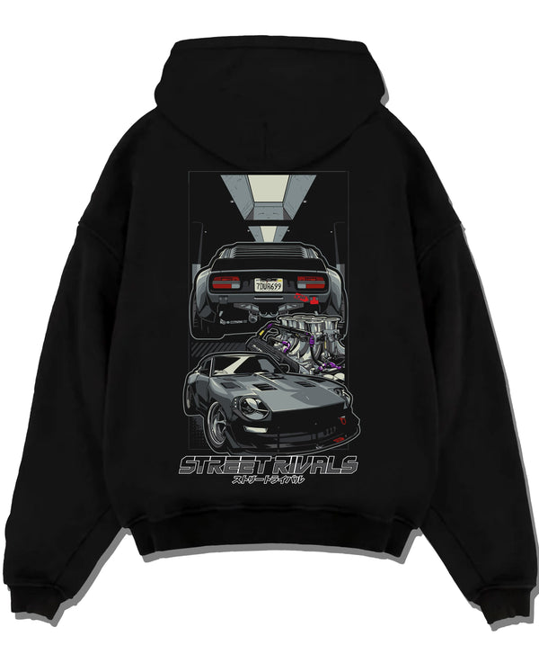 Black pullover hoodie laid flat on a white background, featuring Ford MUSTANG rs racing muscle retro classic street graphic.