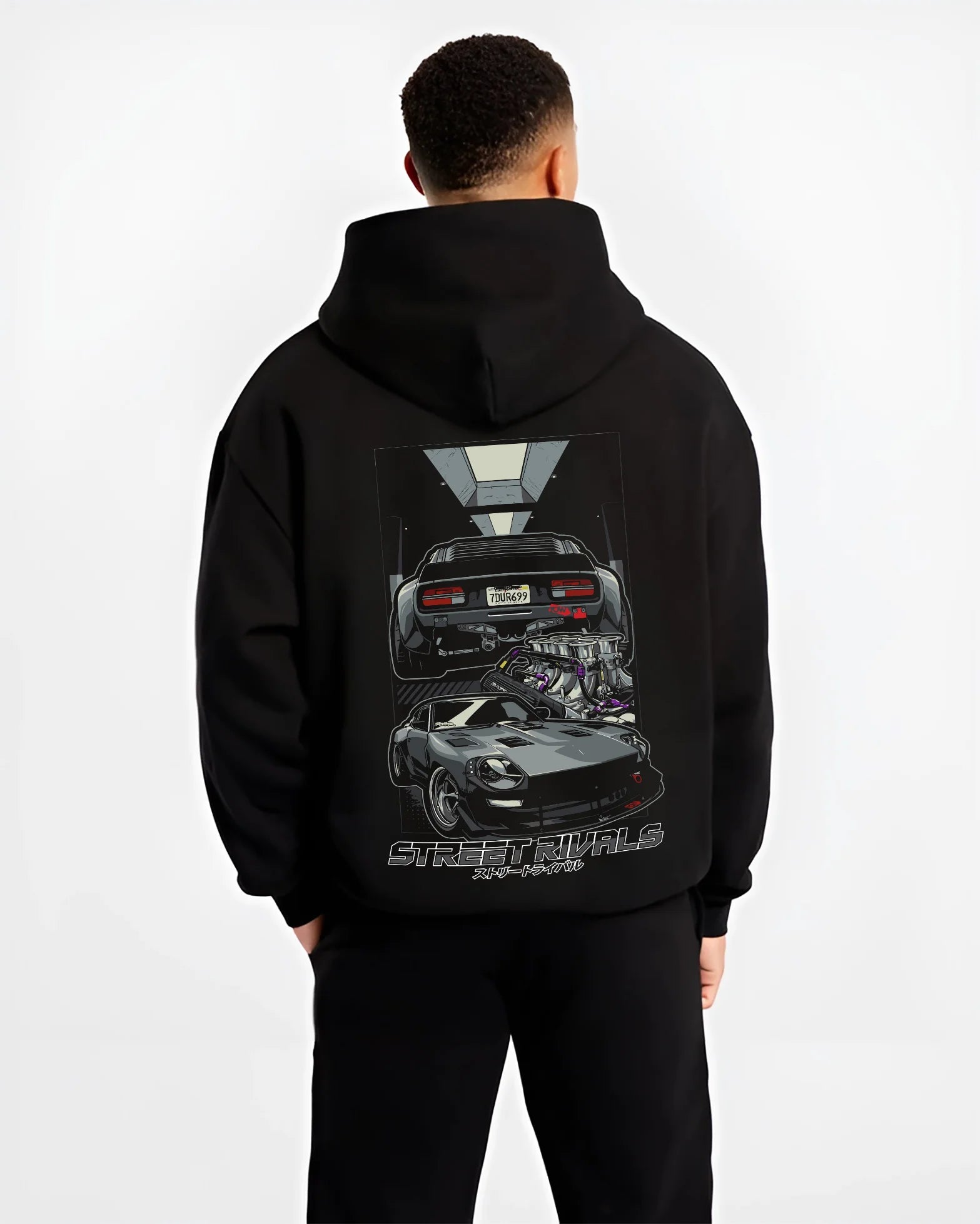 Black hoodie worn by a male model, back view, featuring Ford MUSTANG rs racing muscle retro classic street graphic.