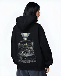 Black hoodie worn by a female model, back view, featuring Ford MUSTANG rs racing muscle retro classic street graphic.