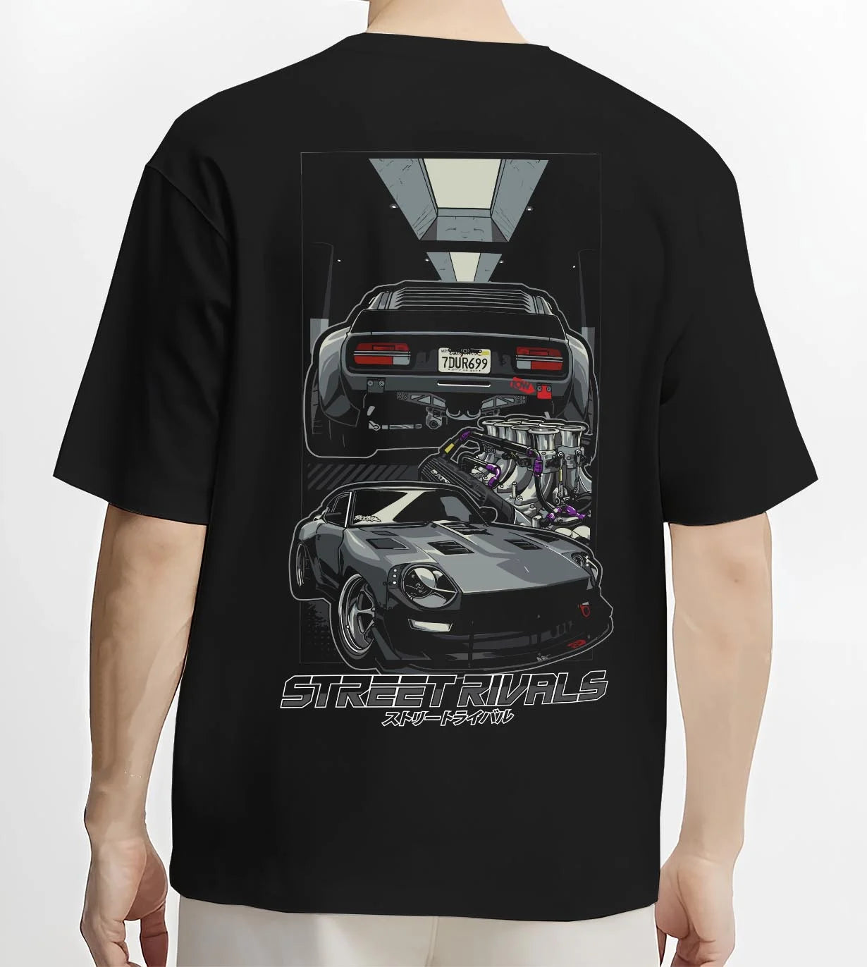 Black T-shirt worn by a male model, back view, featuring Ford MUSTANG rs racing muscle retro classic street graphic.