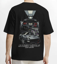 Black T-shirt worn by a male model, back view, featuring Ford MUSTANG rs racing muscle retro classic street graphic.
