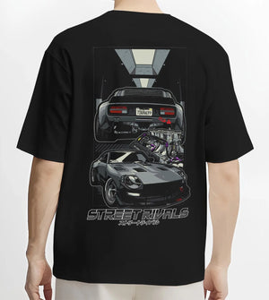Black T-shirt worn by a male model, back view, featuring Ford MUSTANG rs racing muscle retro classic street graphic.