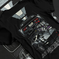 Black T-shirt laid flat with natural fabric folds, featuring Ford MUSTANG rs racing muscle retro classic street graphic.
