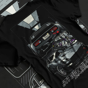 Black T-shirt laid flat with natural fabric folds, featuring Ford MUSTANG rs racing muscle retro classic street graphic.