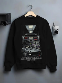Black crewneck sweatshirt on a hanger against a grey wall, featuring Ford MUSTANG rs racing muscle retro classic street graphic.