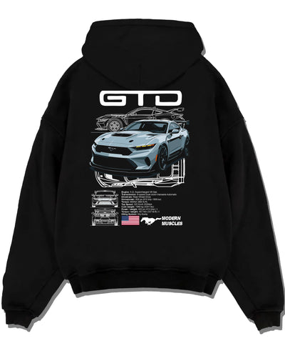 Black pullover hoodie laid flat on a white background, featuring MUSTANG supercharged v8 racing american muscle street graphic.
