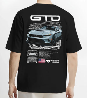 Black T-shirt worn by a male model, back view, featuring MUSTANG supercharged v8 racing american muscle street power graphic.