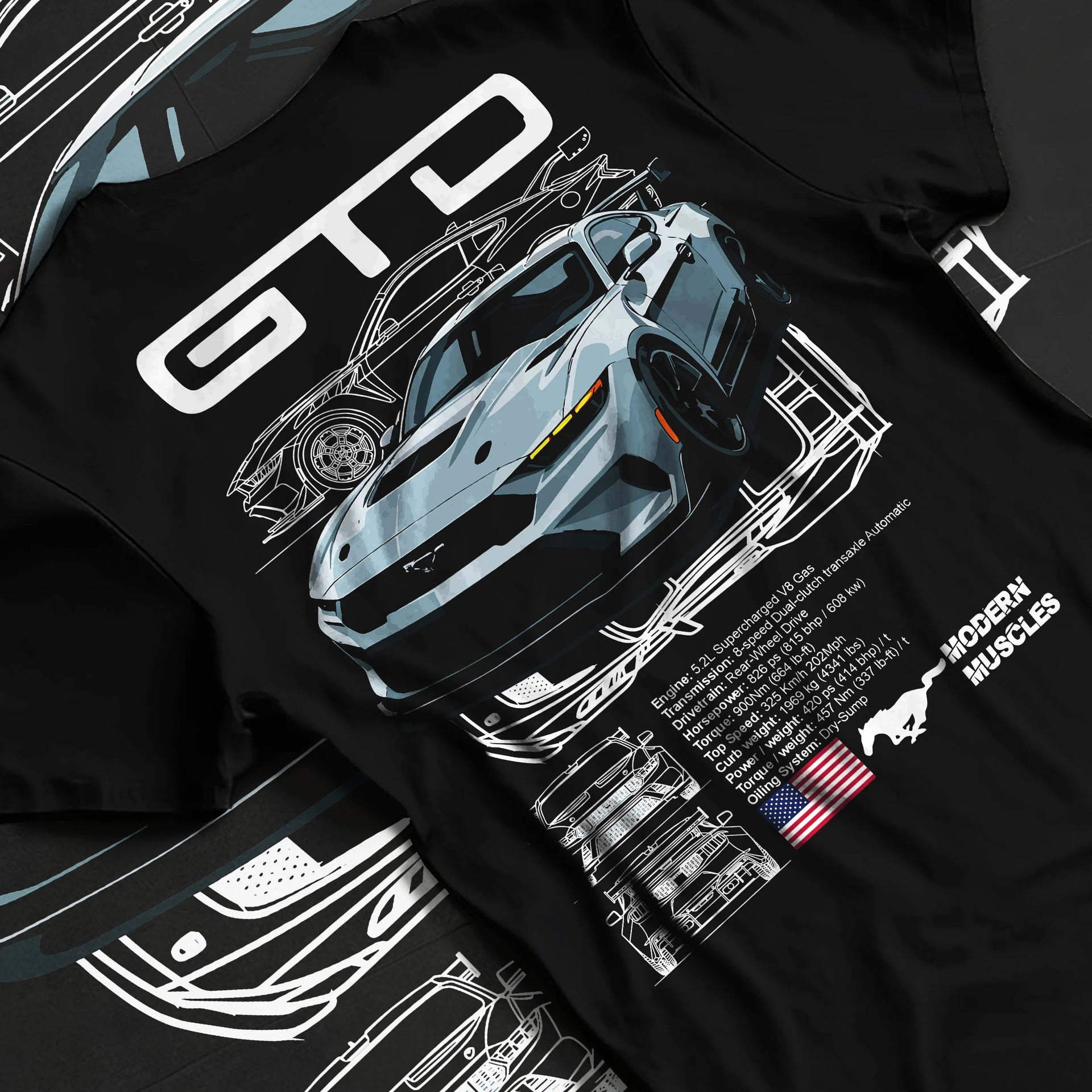 Black T-shirt laid flat with natural fabric folds, featuring MUSTANG supercharged v8 racing american muscle street power graphic.