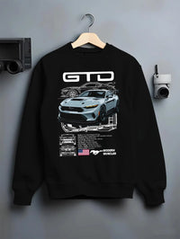 Black crewneck sweatshirt on a hanger against a grey wall, featuring MUSTANG supercharged v8 racing american muscle street graphic.
