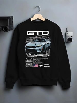 Black crewneck sweatshirt on a hanger against a grey wall, featuring MUSTANG supercharged v8 racing american muscle street graphic.