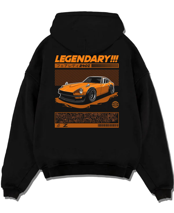 Black pullover hoodie laid flat on a white background, featuring Ford Mustang rs muscle street retro classic enthusiast graphic.
