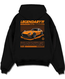 Black pullover hoodie laid flat on a white background, featuring Ford Mustang rs muscle street retro classic enthusiast graphic.