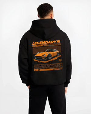 Black hoodie worn by a male model, back view, featuring Ford Mustang rs muscle street retro classic enthusiast graphic.
