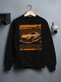 Black crewneck sweatshirt on a hanger against a grey wall, featuring Ford Mustang rs muscle street retro classic enthusiast graphic.