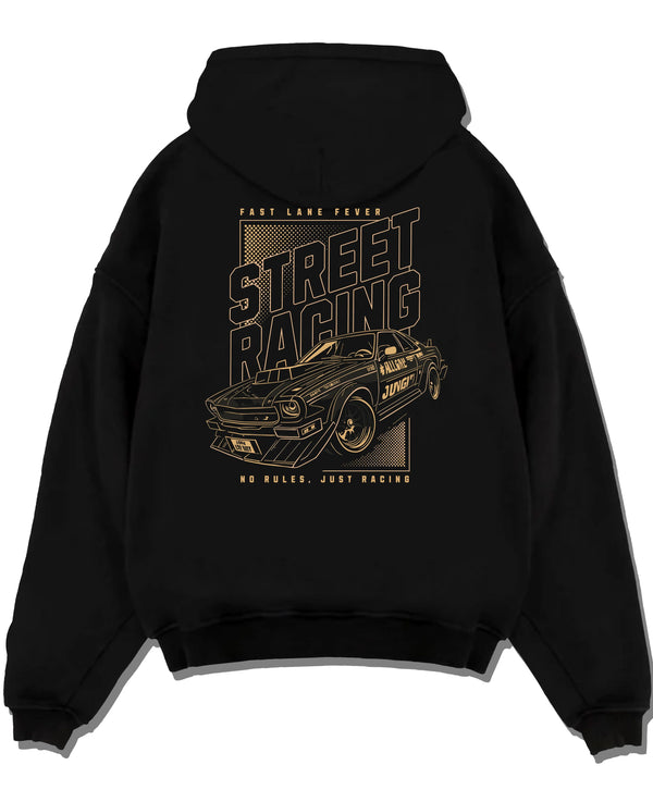 Black pullover hoodie laid flat on a white background, featuring rs racing motorsport tuner street retro performance graphic.