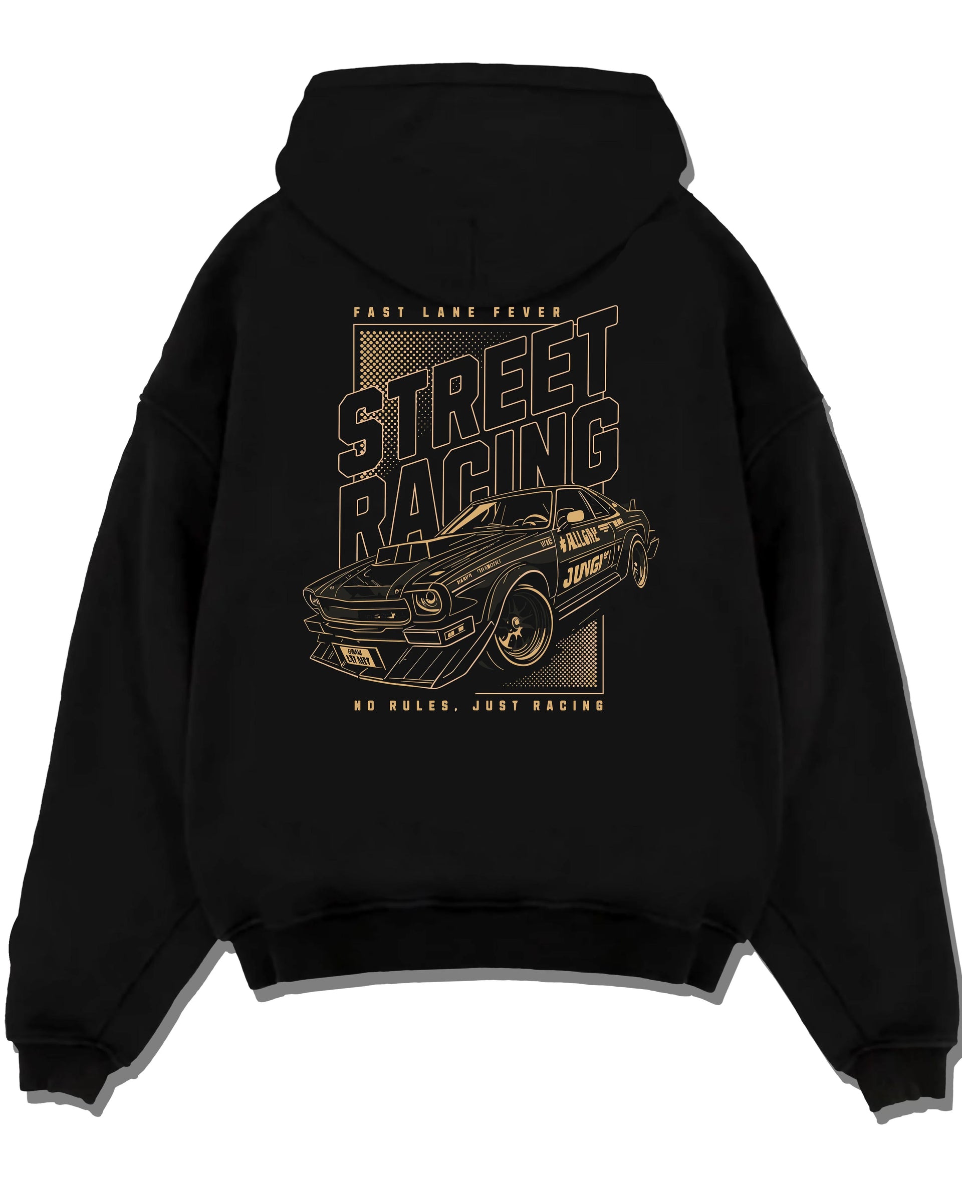 Black pullover hoodie laid flat on a white background, featuring rs racing motorsport tuner street retro performance graphic.