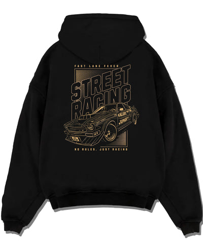Black pullover hoodie laid flat on a white background, featuring rs racing motorsport tuner street retro performance graphic.