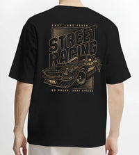 Black T-shirt worn by a male model, back view, featuring rs racing motorsport tuner street retro performance automotive graphic.