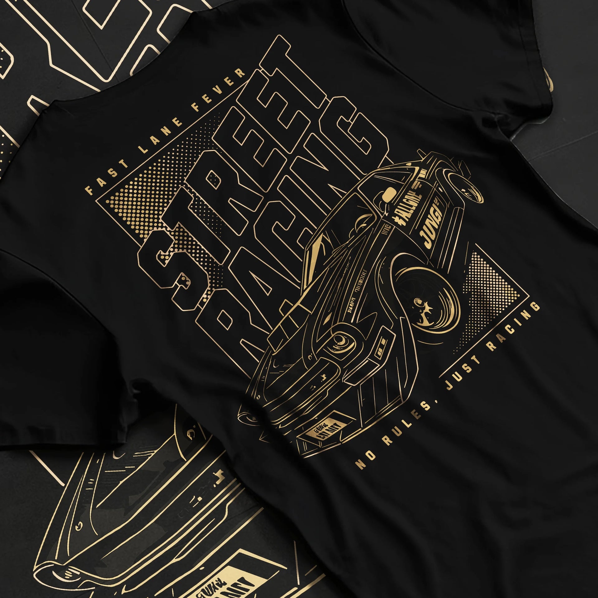 Black T-shirt laid flat with natural fabric folds, featuring rs racing motorsport tuner street retro performance automotive graphic.